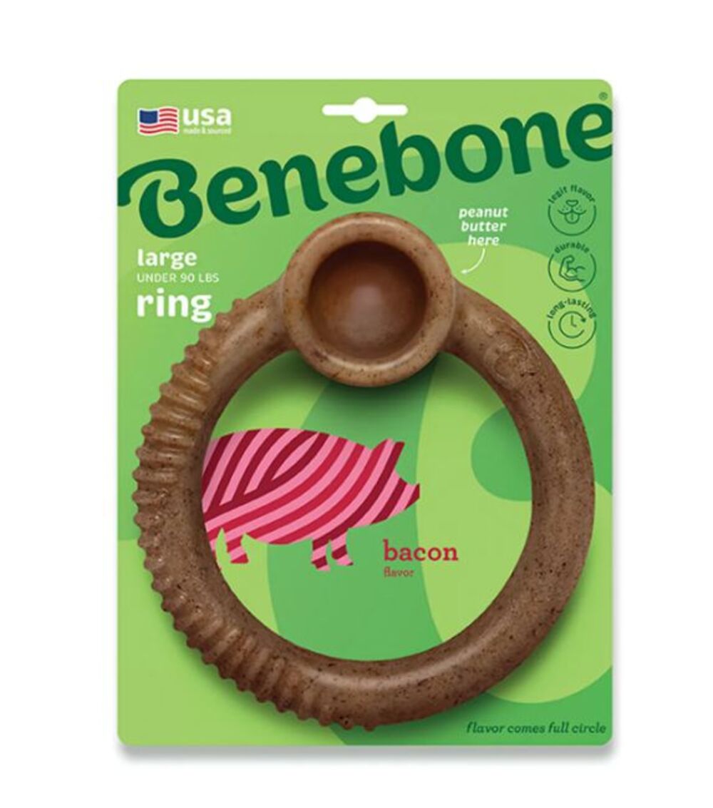Benebone Ring Durable Dog Chew Toy Bacon Large Made in USA
